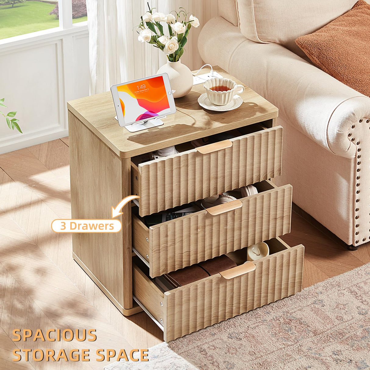 LEYAOYAO 23" Wide Fluted Farmhouse Night Stand Set of 2 with Charging Station, 3 Drawers Large End Table w/Metal Handle, Natural Nightstand Bedside Table,Wood Dresser for Bedroom, Closet LEYAOYAO