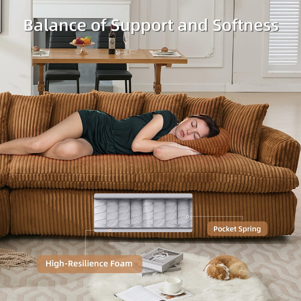 129'' Modern Sectional Sofa,4-5 Seater Upholstered Couches with 10 Cushions,High Density Sponges Cloud Couch, L-Shape Left Sofa,Corduroy Sponge Sofa for Living Room,No Assembly Required(Brown) Firscook