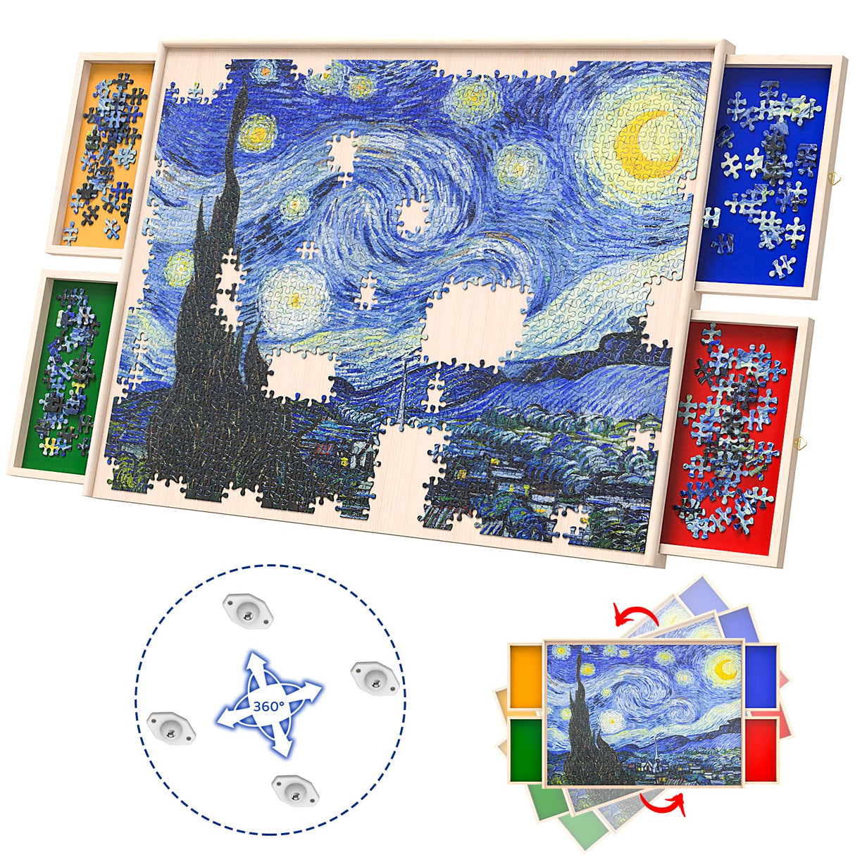 Rotatable 360-Degree Wheels Puzzle Board with Drawers and Cover 1500 Pieces Lightweight Portable Wooden Puzzle Table for Adults Kids 35'' x 26'' Woodever