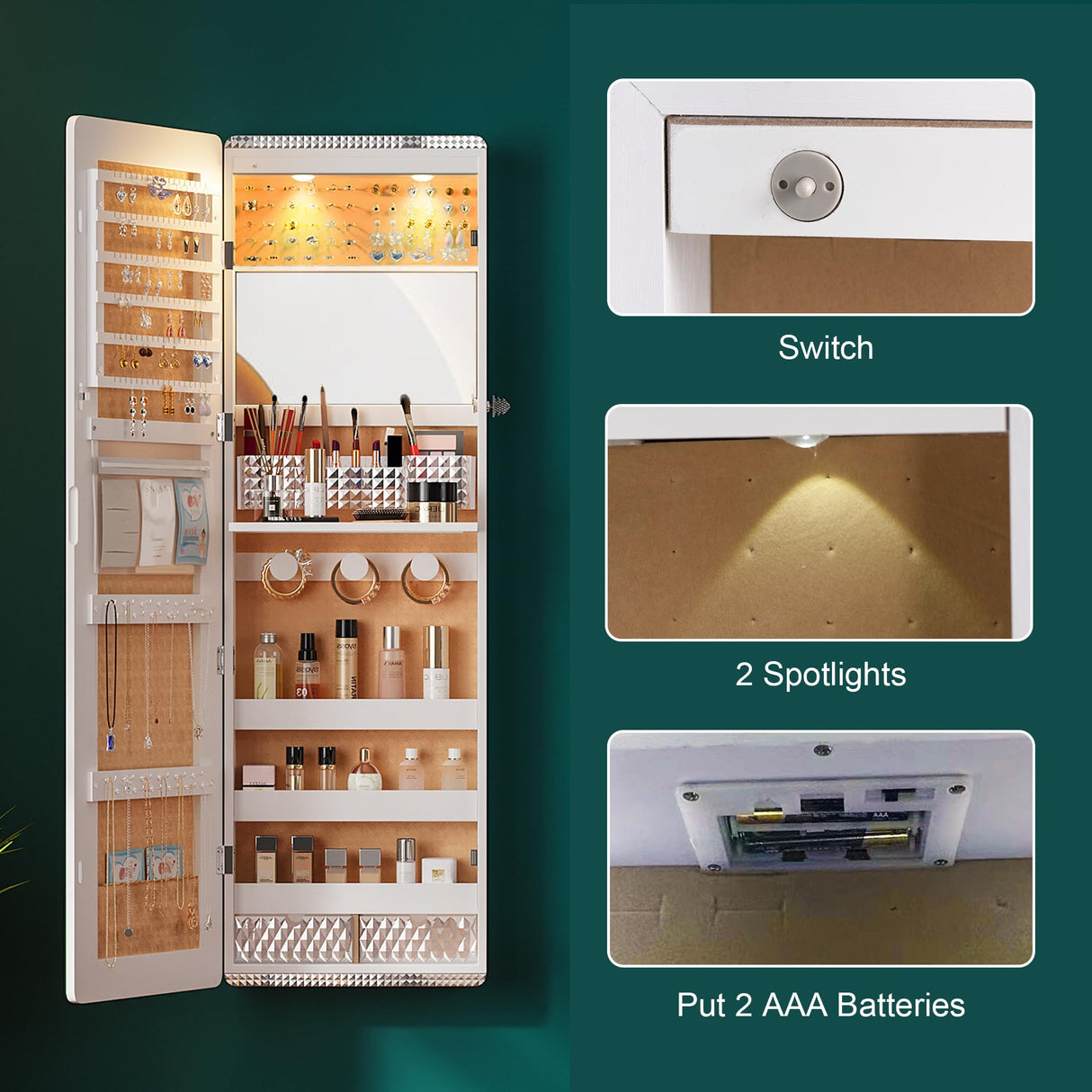 HNEBC LED Mirror Jewelry Cabinet,47.2" Wall Mounted Jewelry Organizer with Full-Length Mirror,Over The Door Hanging Jewelry Armoire Storage Cabinet,Folding Dresser,2 Drawers,Lockable, 3 Shelves(White) HNEBC