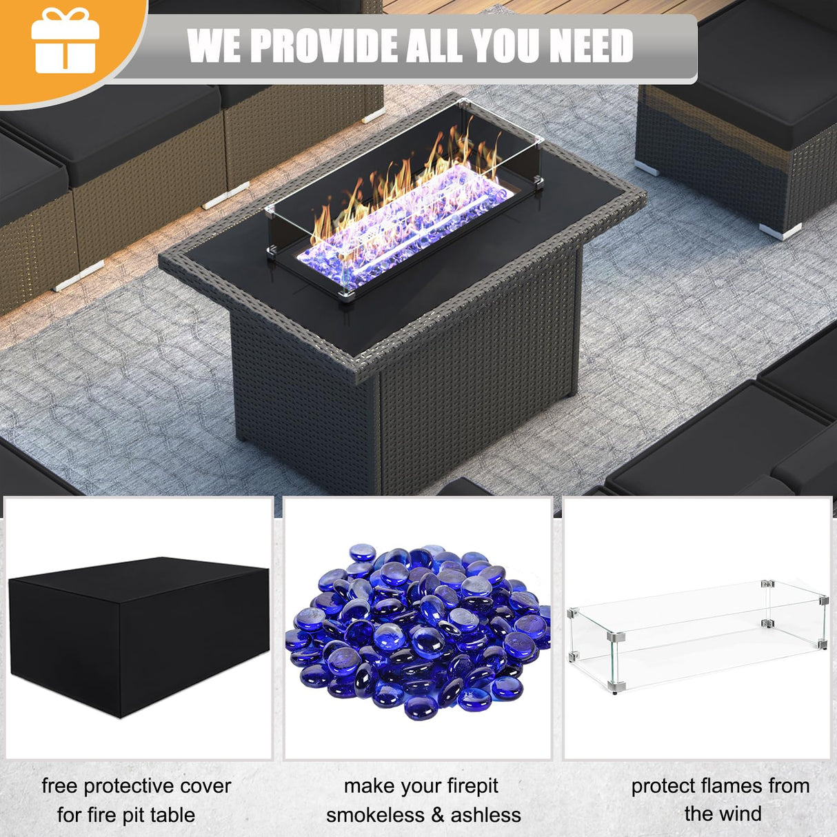 LayinSun 10 Piece Patio Furniture Set with 44" Propane Gas Fire Pit Table, Outdoor Sectional Conversation Set Wicker Rattan Sofa Set with Coffee Table LayinSun