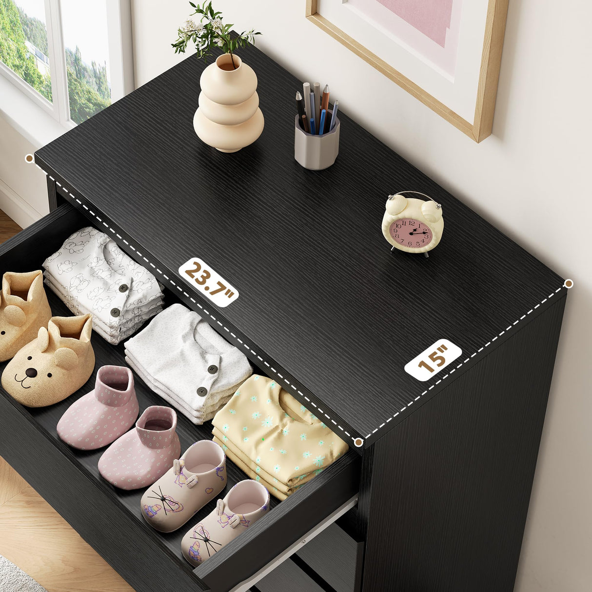 Jocoevol Black 5 Drawer Dresser for Bedroom, 15" D x 23.7" W x 40.4" H in Simply Chest of Drawers, Wood Storage Dresser with Drawers for Living Room Hallway Entryway, Black Jocoevol