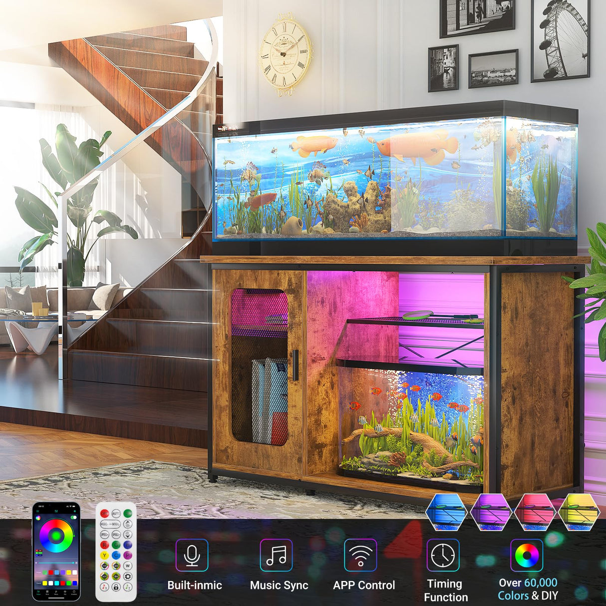 Hyomdeck 55-75 Gallon Fish Tank Stand with Power Outlets & LED Light, Reversible Heavy Duty Metal Aquarium Stand with Cabinet for Fish Tank Accessories Storage, Turtle/Reptile Terrariums, Rustic Hyomdeck