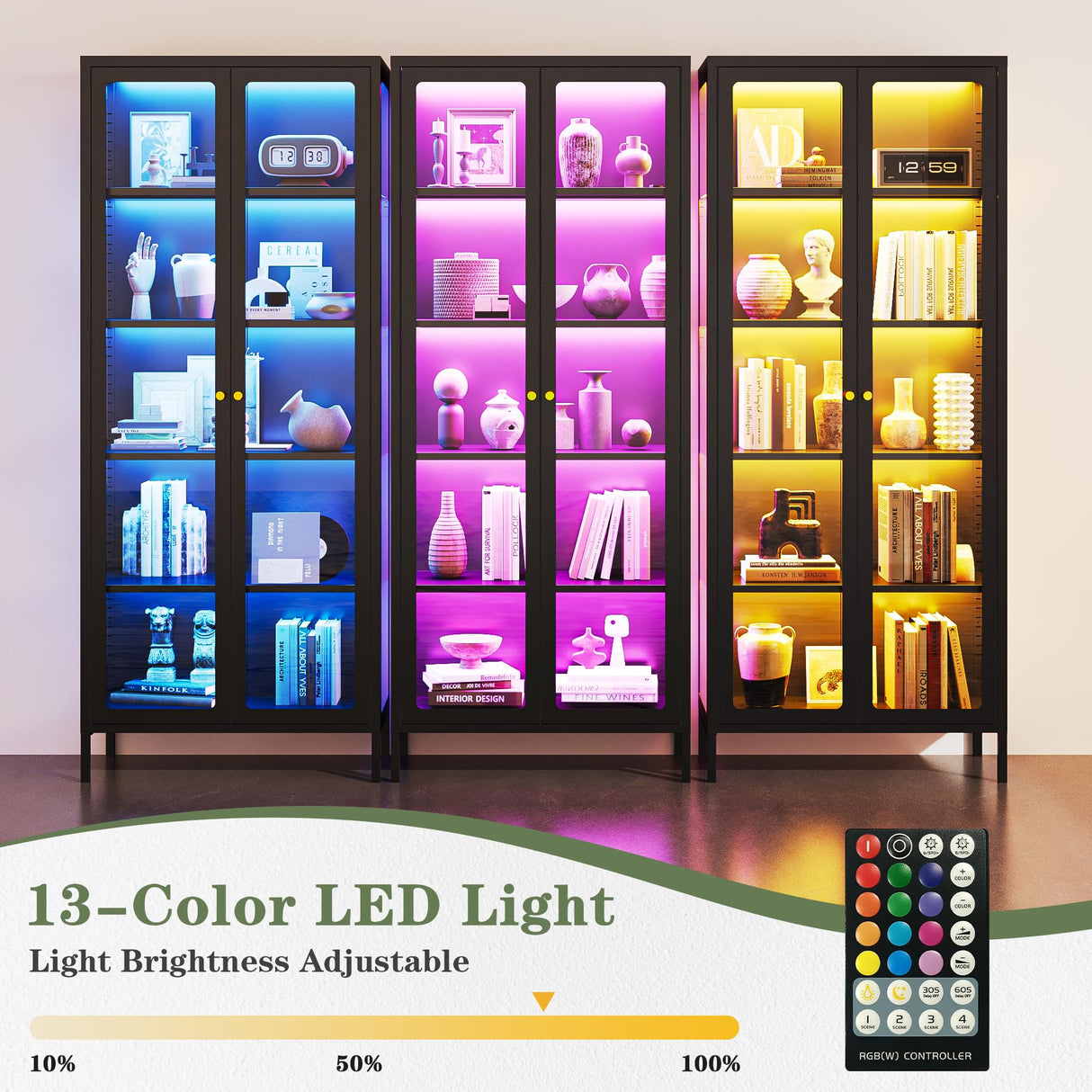 Lucky Monet 5-Tier Glass Display Cabinet with LED Lights, 67" Tall Metal Curio Cabinets with Glass Door and 4 Adjustable Shelves, Large Display Case for Collectibles Figures China Books (Black) Lucky Monet