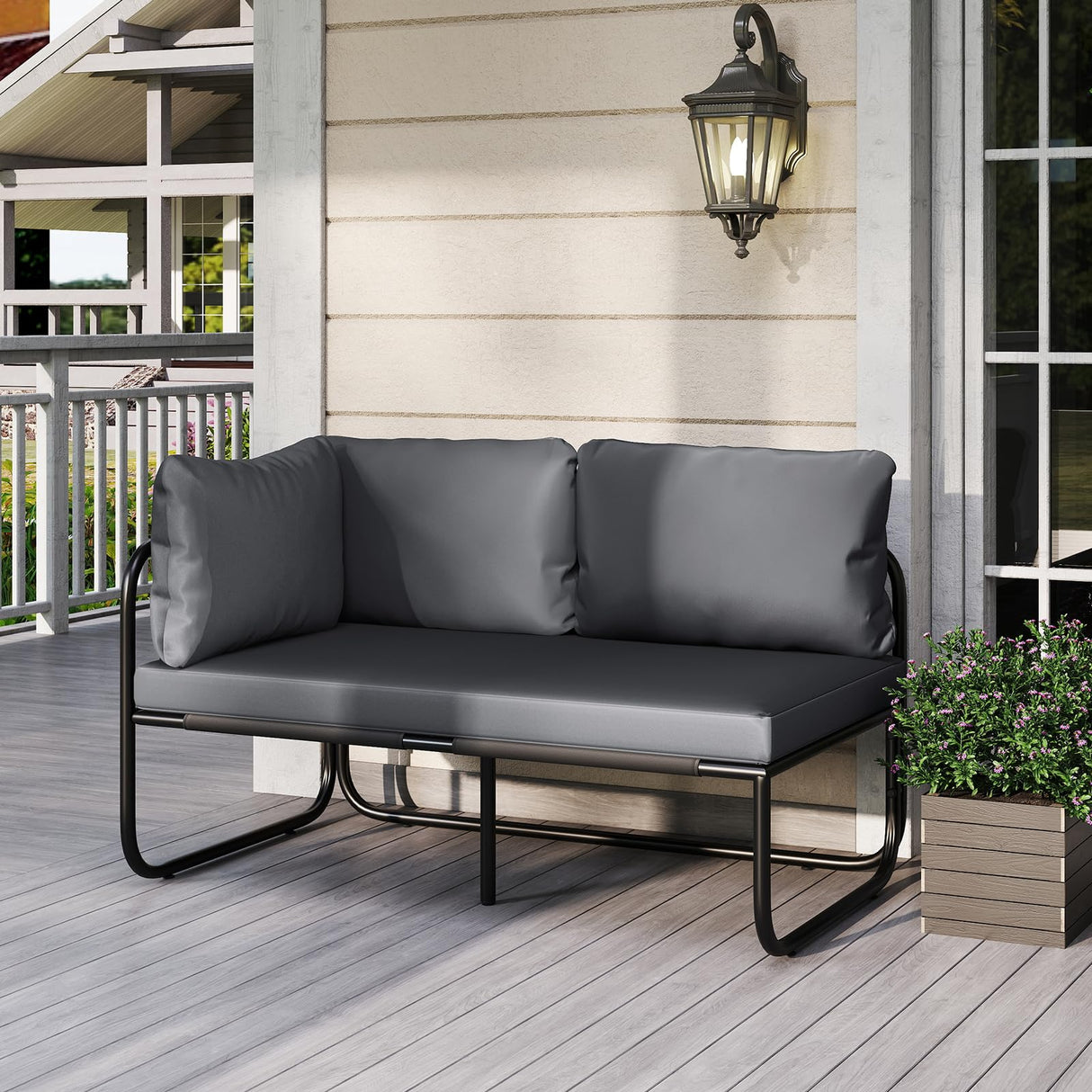 Tangkula Patio Loveseat, Sofa Couch with Removable Pillows & Seat Cushion, Side Armrest, Heavy Duty Metal Frame & Adjustable Foot Pads, Outdoor Double Chair Furniture for Garden (Grey + Black) Tangkula