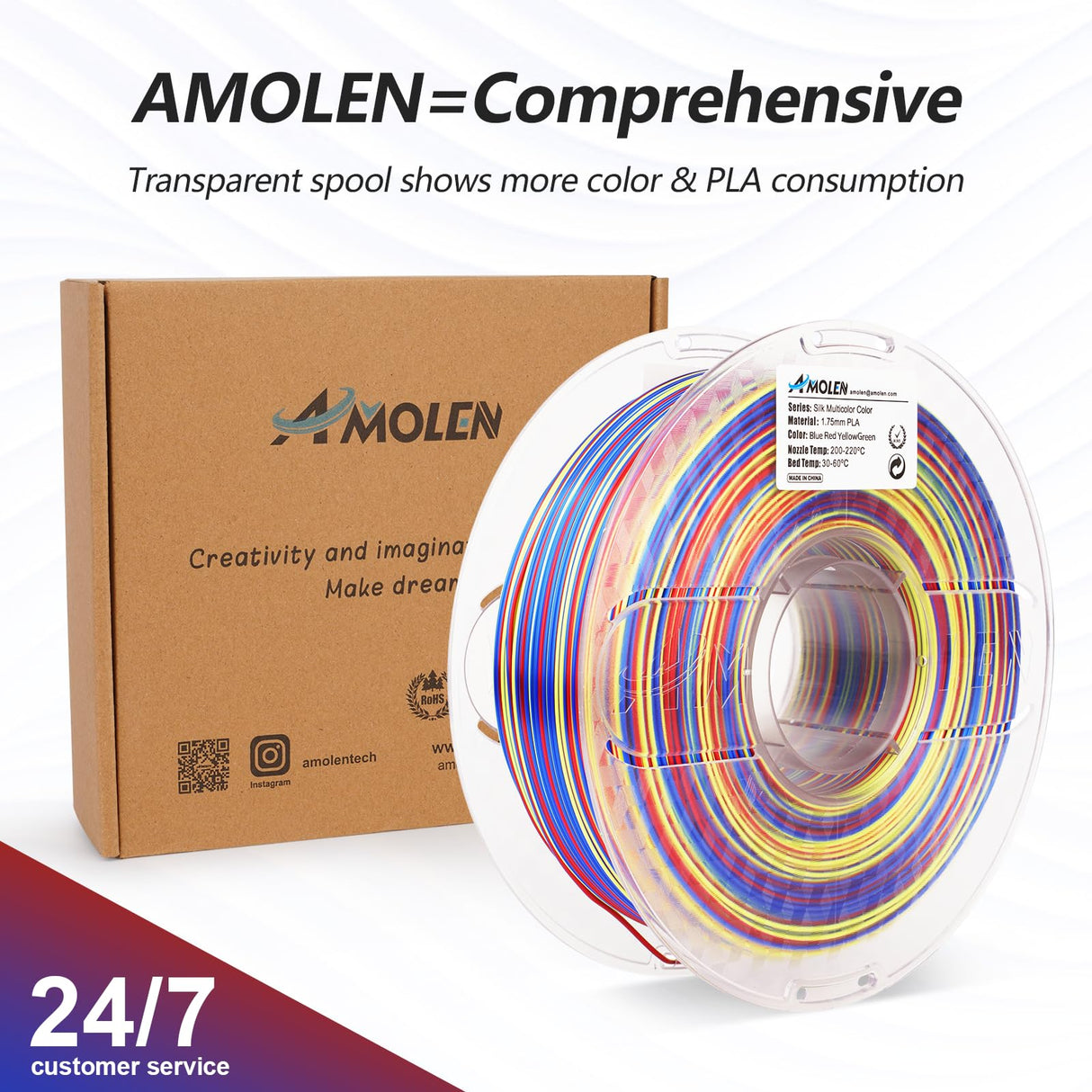 AMOLEN Silk PLA 3D Printer Filament, Shiny Multicolor Rainbow PLA Filament 1.75mm, Fast Color Change PLA 3D Printing Filament for Most FDM 3D Printer, Blue Red YellowGreen AMOLEN