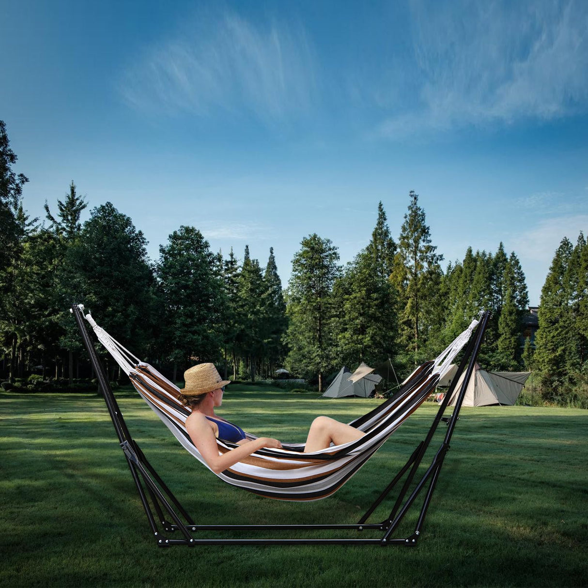 Hammock with Foldable Steel Stand,Frabic Tension Adjustable,Carrying Bag Included, 616 lbs Weight Capacity, Portable Suitable for Outside Garden Yard Outdoor Inhouse Multicolour LIEVIM