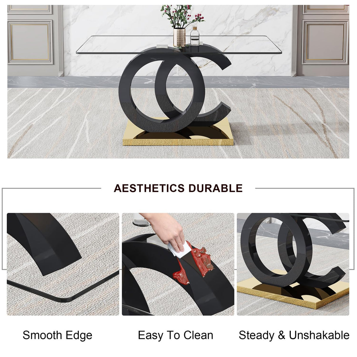 Ebullient Modern Dining Table Set for 6 ,7 Piece Dining Table Chairs Set for 6,Glass Table Top and Gold Base,Rectangular Dining Room Table with 6 Black PU Leather Upholstered Dining Chairs for Kitchen Ebullient