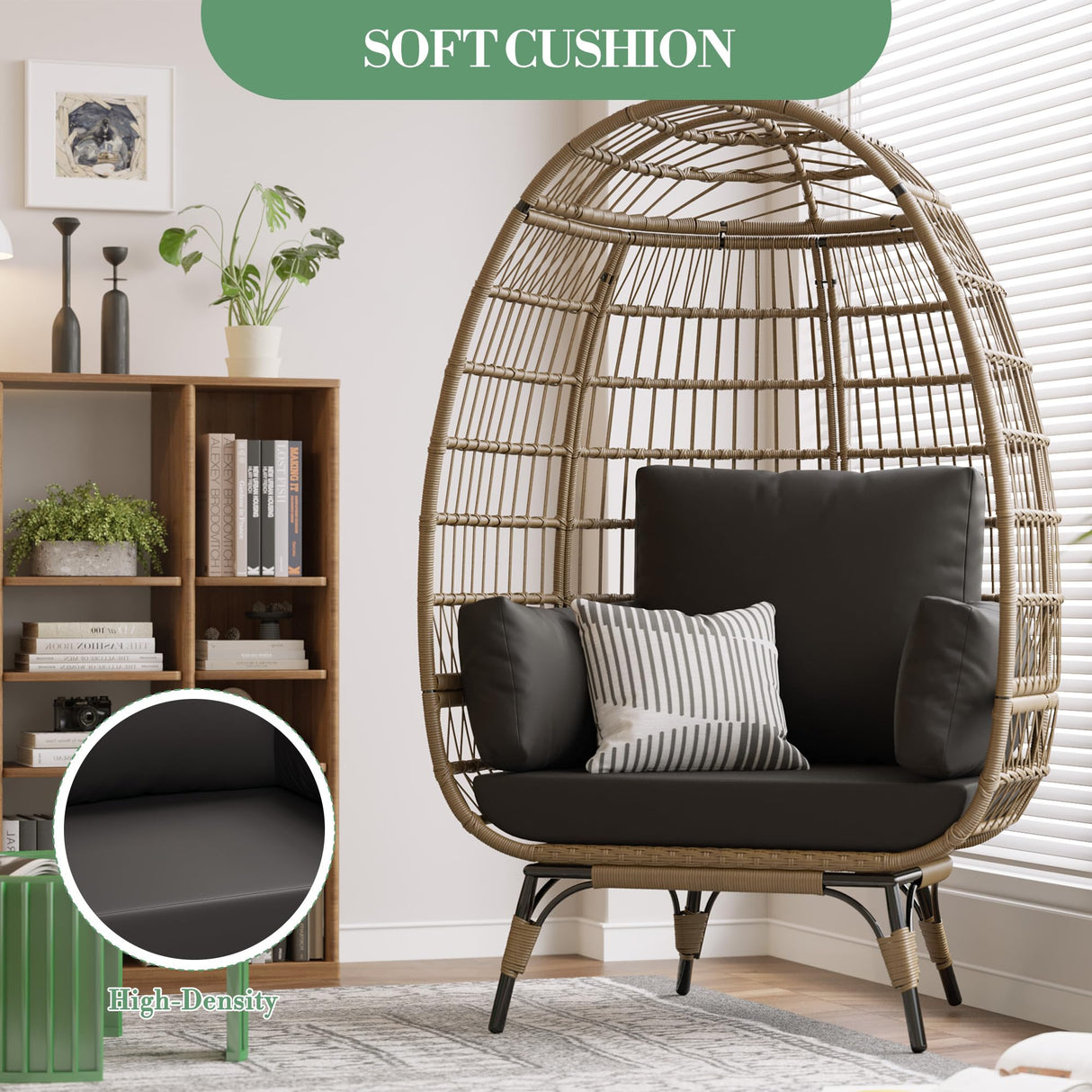 PtioHavn Rattan Egg Chair, Oversized Patio Lounge Chairs with Cushion and Metal Frame Stand, Indoor/Outdoor Egg Basket Chair for Patio, Balcony, Backyard, Living Room - Black PtioHavn