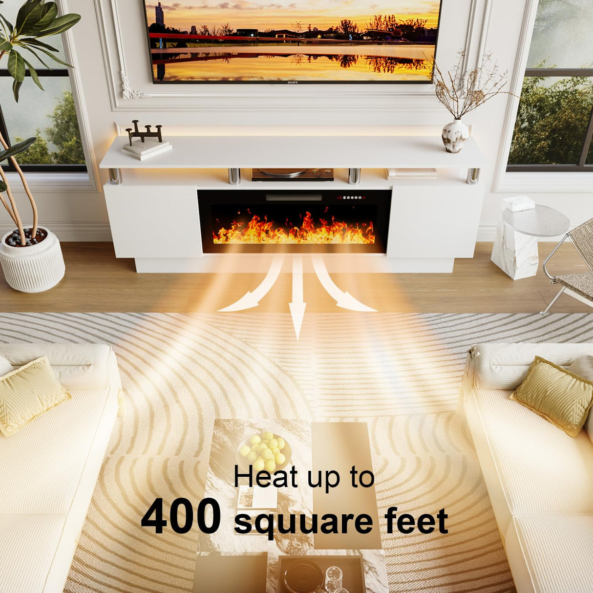 PRETZI Fireplace TV Stand with 36" Fireplace, 2 Tier 70" LED Entertainment Center with Fireplace for TVs Up to 80", Modern Wood TV Media with Storage Cabinets for Living Room, White PRETZI