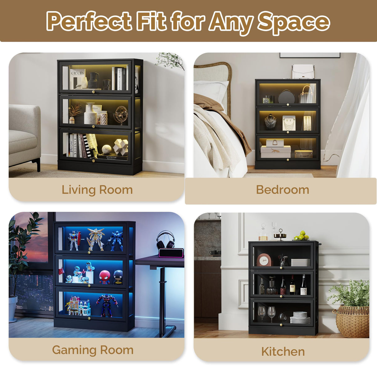 BONITURE Display Cabinet with Acrylic Glass Doors,3-Tiers Curio Cabinet with LED Lighting for Collectibles, Collectibles Toy Organizers Rack & Display Shelf Display Case Storage Cabinet, Black BONITURE