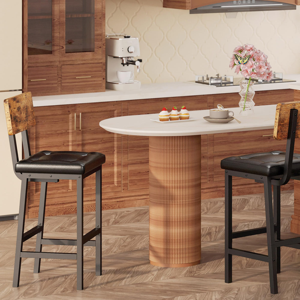 IRONCK Bar Stools Set of 2, 16.5in Square PU Upholstered Barstools with Back and Footrest, Thick Cushion Stools for Kitchen Island for Dining Room Kitchen Counter Bar, Rustic Brown and Black IRONCK