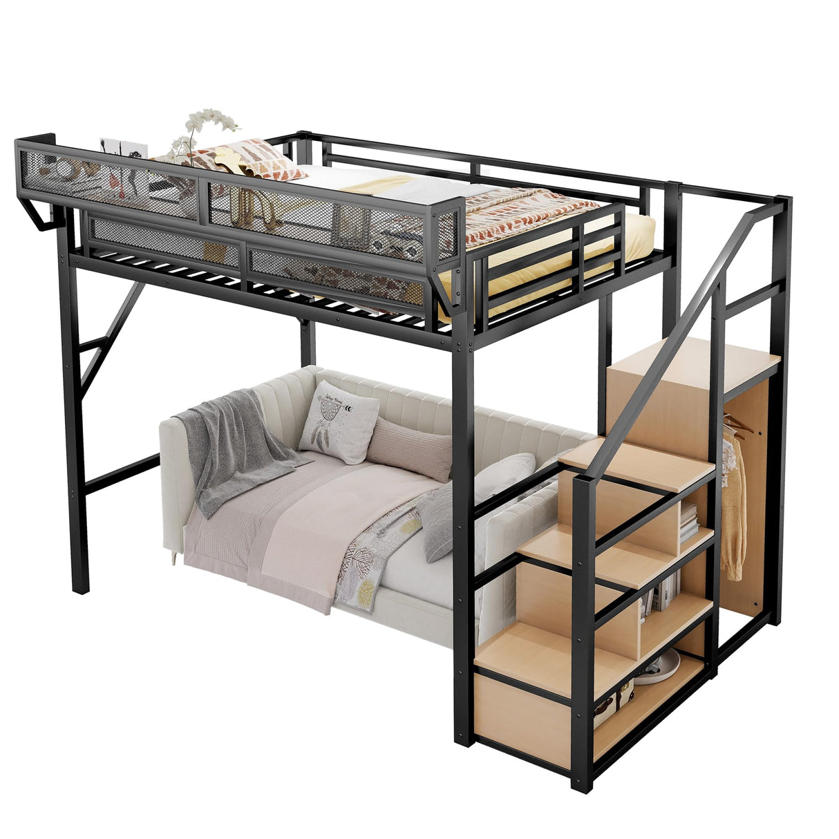 Mirightone Full Size Loft Bed with Stairs and Storage, Metal Loft Bed Frame with Bedside Shelf and Large Under-Bed Space, Heavy-Duty Bed for Adults Teens and Kids, Black Mirightone