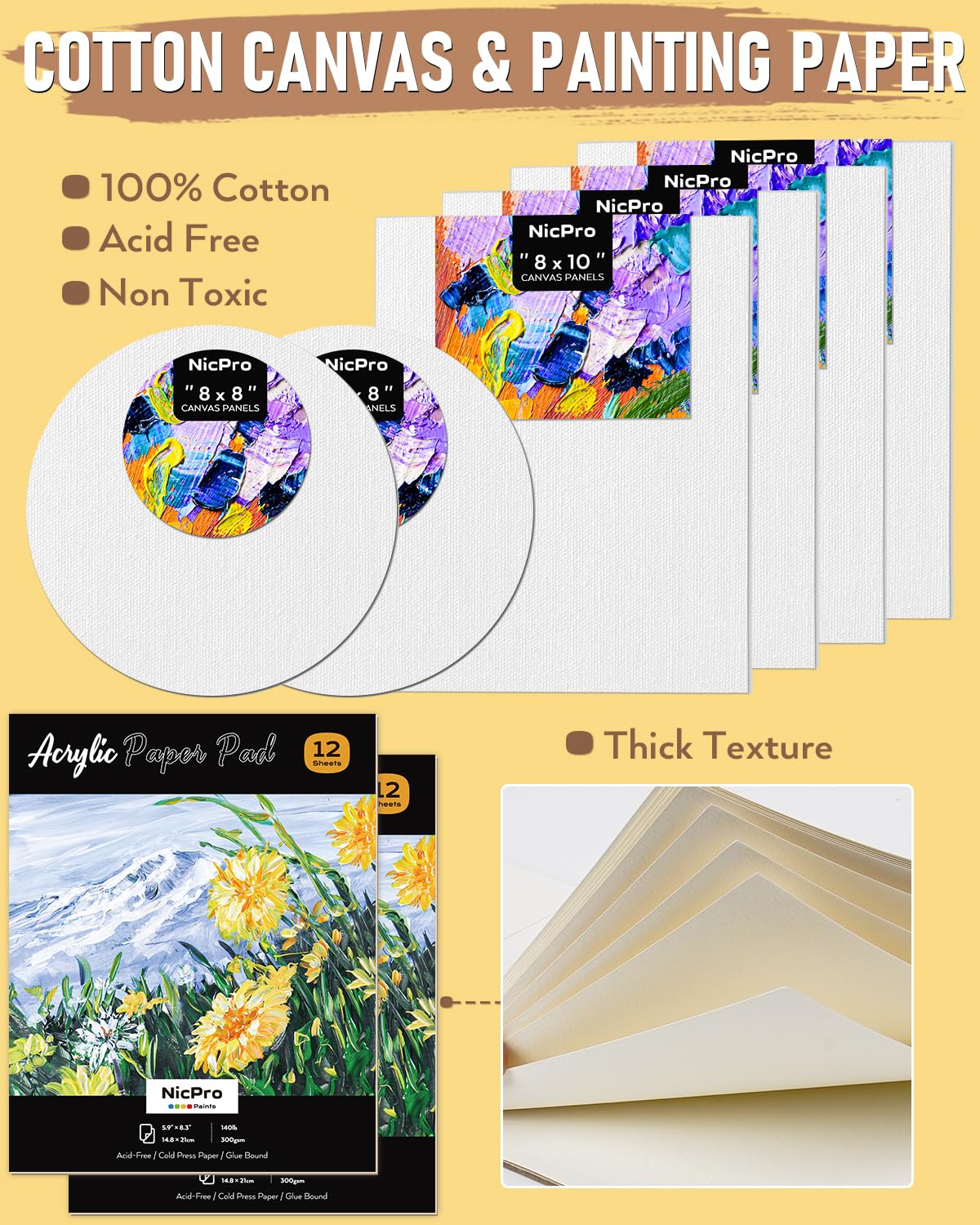 Nicpro Acrylic Paint Canvas Set for Adults & Kids, 80PCS Art Painting Supplies Kit with 2*12 Colors Paint, 6 Canvas, 2 Table Easel, 2*10 Brushes, 2 Paper Pad, 2 Palette for Artist Beginner Students Nicpro