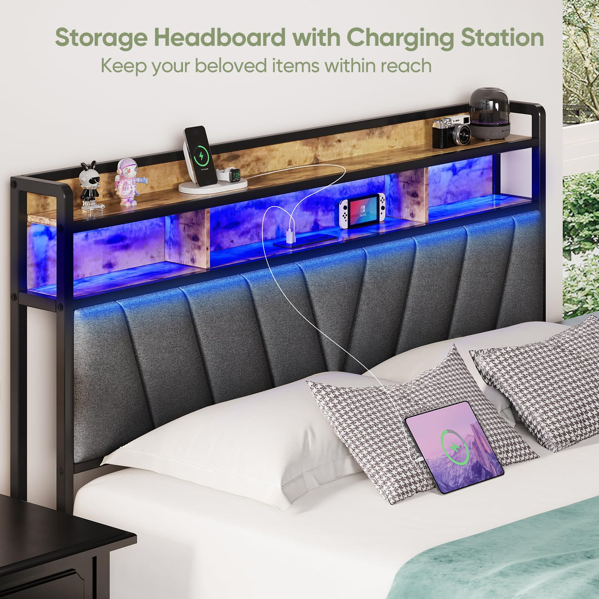 Welzona Queen Bed Frames with Headboard, LED Lights Queen Size Bed Frames with Charging Station, Sturdy and Noise-Free, Storage Space Under Bed, No Box Spring Needed, Brown Welzona