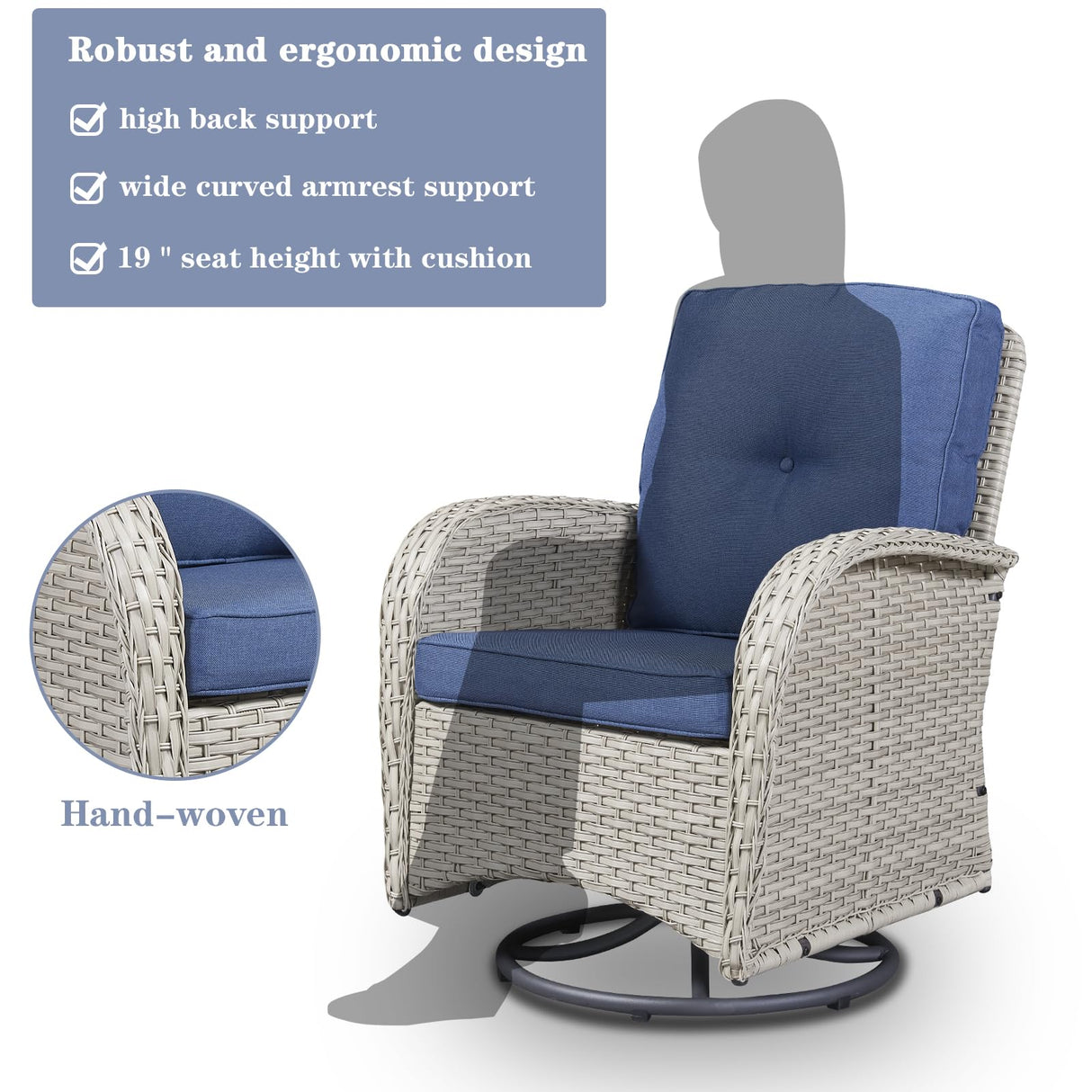 Belord Patio Wicker Chairs Swivel Rocker - Outdoor Swivel Rocking Chairs Set of 2 with Rattan Side Table,3 Piece Patio Swivel Glider Chair Furniture Sets for Patio Porch Pool Light Beige/Blue Belord