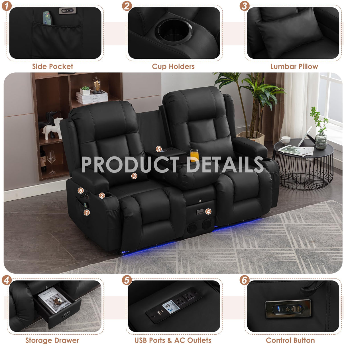 TUNYI Wall Hugger Power Loveseat Recliner - Reclining Loveseat with Console Theater Seating RV Recliner Sofa with USB/Outlet/Speaker/Cup Holder/LED Light/Storage (Black) TUNYI