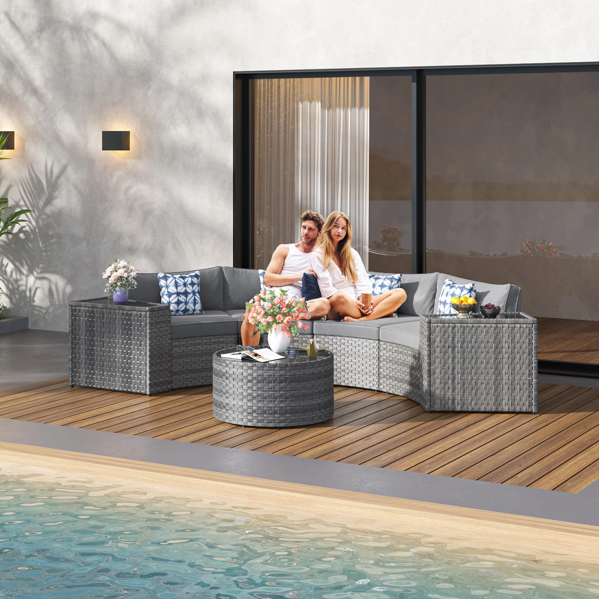 ABCASA Outdoor Patio Furniture Set with Coffee Table,7 Pieces Half-Moon Curved Outdoor Sectional Sofa and Side Table Waterproof Cover, Wicker Rattan Patio Coversation Set for Porch,Backyard,Pool(Grey) ABCASA