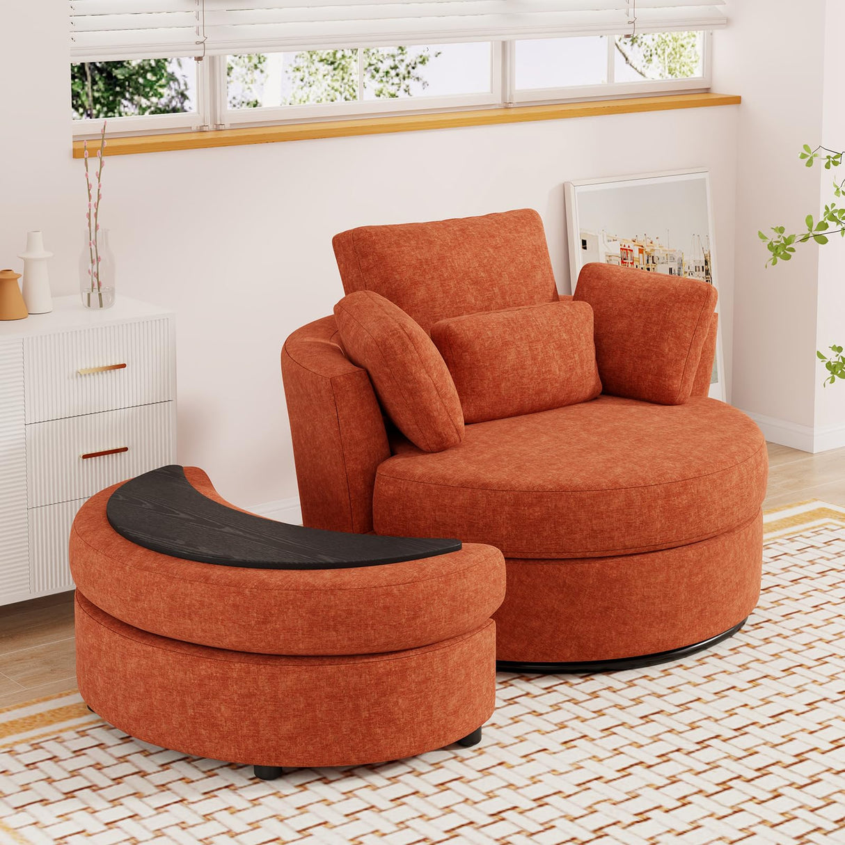 JEEOHEY Oversized Swivel Accent Chair with Half Moon Storage Ottoman, 42" W Chenille Round Swivel Barrel Chair, Modern Upholstered Comfy Single Sofa Armchair for Living Room, Bedroom, Club(Orange) JEEOHEY