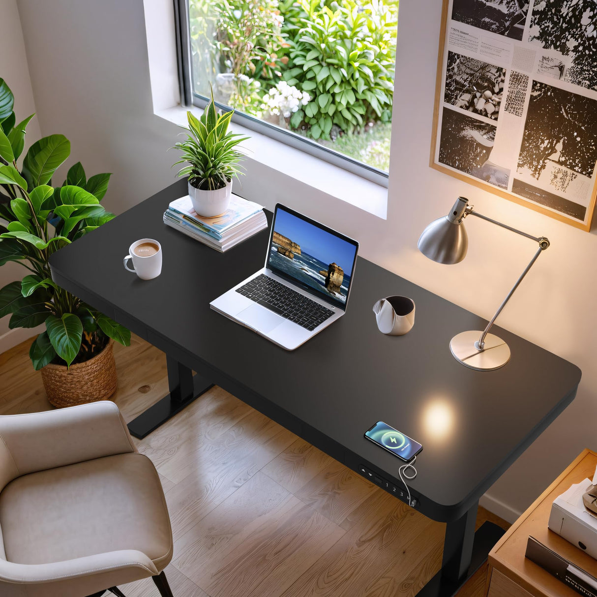 Furmax Electric Standing Desk with Drawer 55 x 24 Inch Adjustable Height Stand up Desk Home Office Computer Desk with USB Ports, Black Furmax