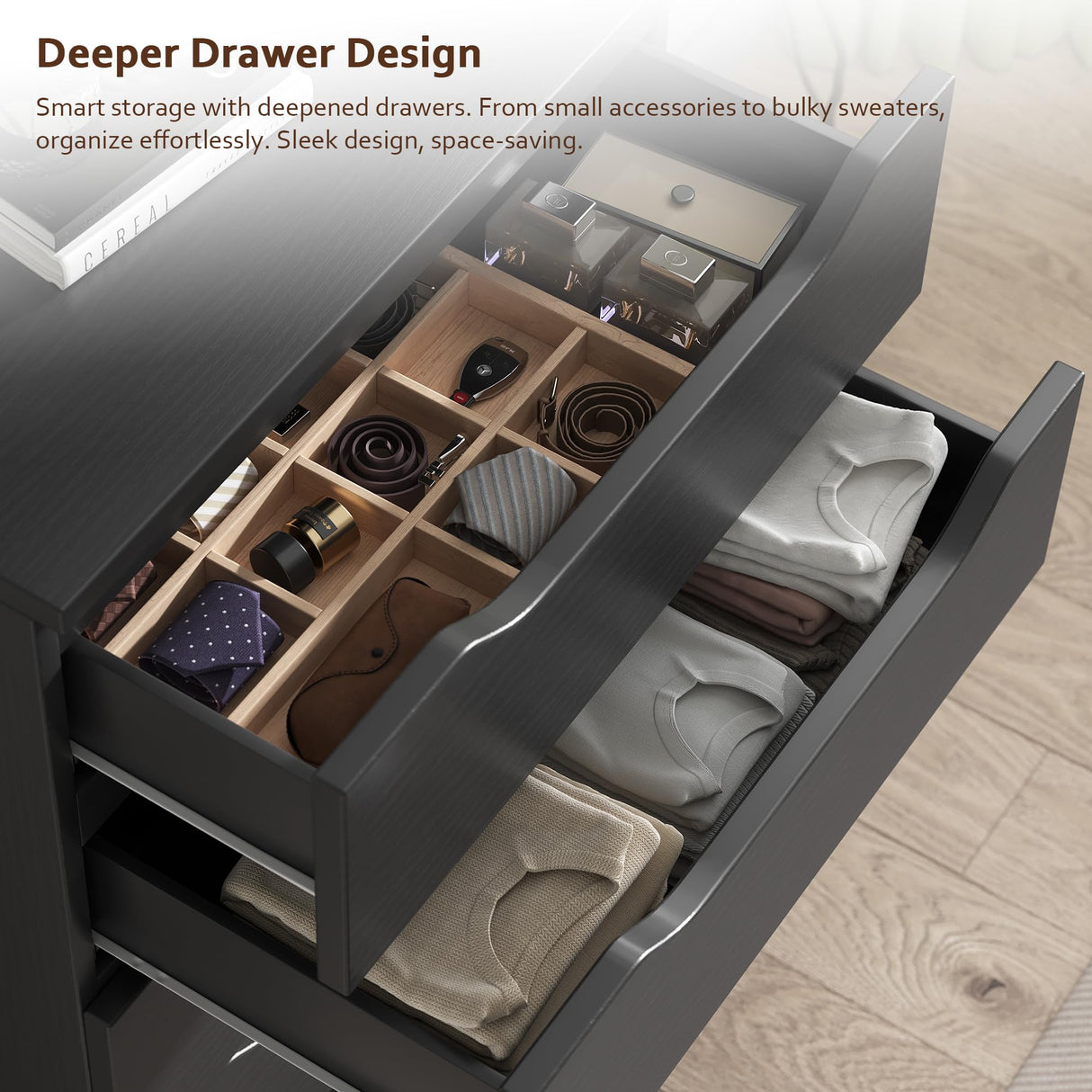 Black Tall 5 Drawer Dresser for Bedroom with Hidden Storage Design, Large Modern Closet Dressers & Chests of Drawers with Cut-Out Handles, 27.6" L*15.8" W*45.3" H for Bedroom, Living Room, Nursery Jocoevol
