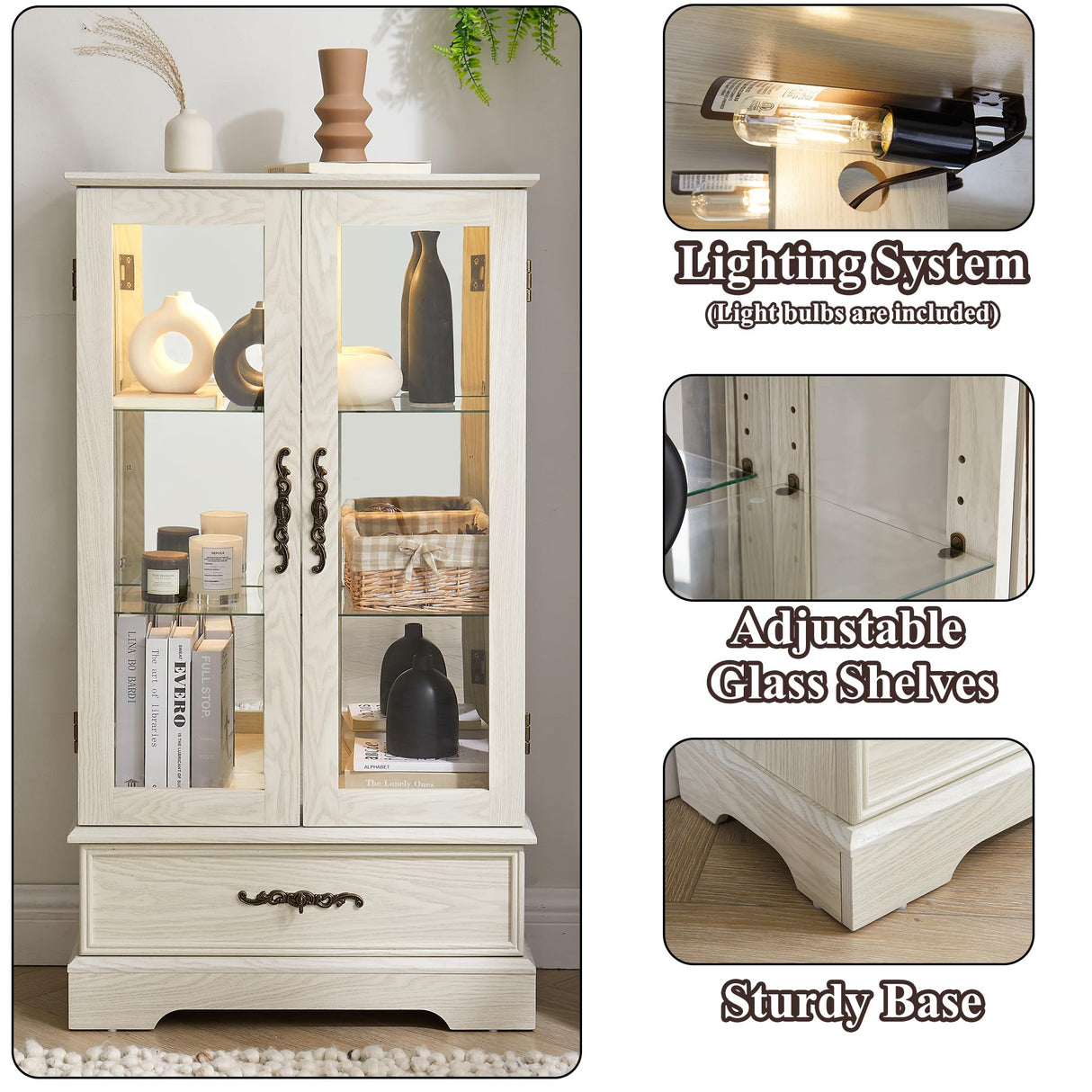 nifoti 47" H Lighted Curio Cabinet Display Case, Glass Cabinet with Adjustable Shelves,Tempered Glass Door and Drawer, Wooden Curio Cabinet with Mirrored Back Pane for Living Room (Antique White) nifoti