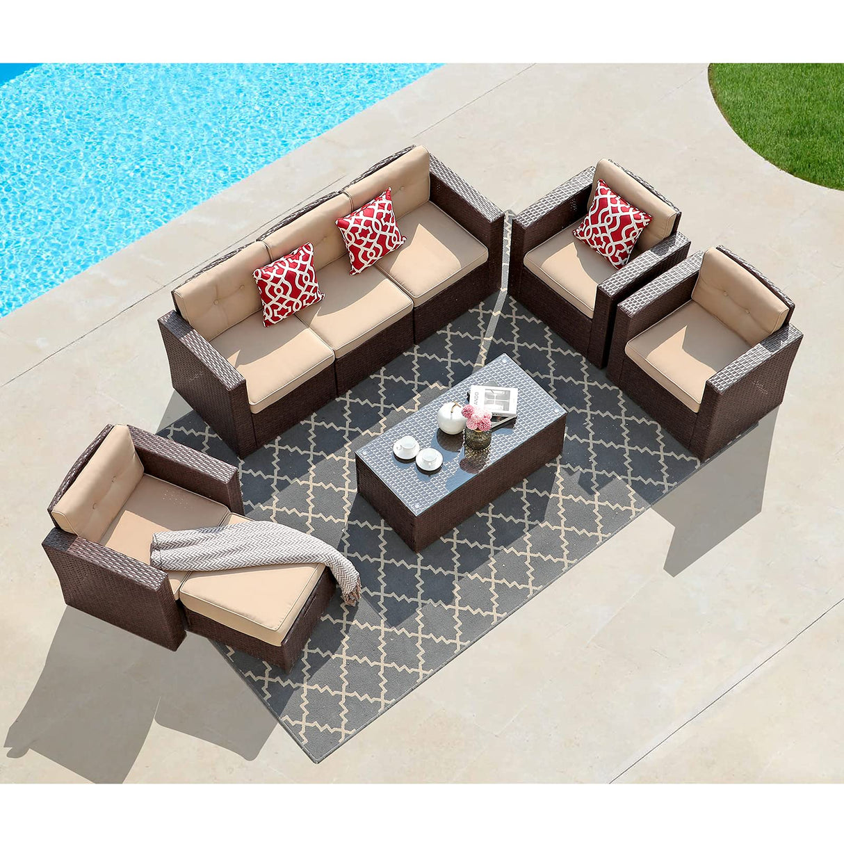 Super Patio 8 Piece Outdoor Patio Furniture Set, Patio Conversation Sets, All-Weather PE Wicker Outdoor Sectional Sofa with Ottoman, Tempered Glass Coffee Table, Three Red Pillows, Espresso Brown Super Patio