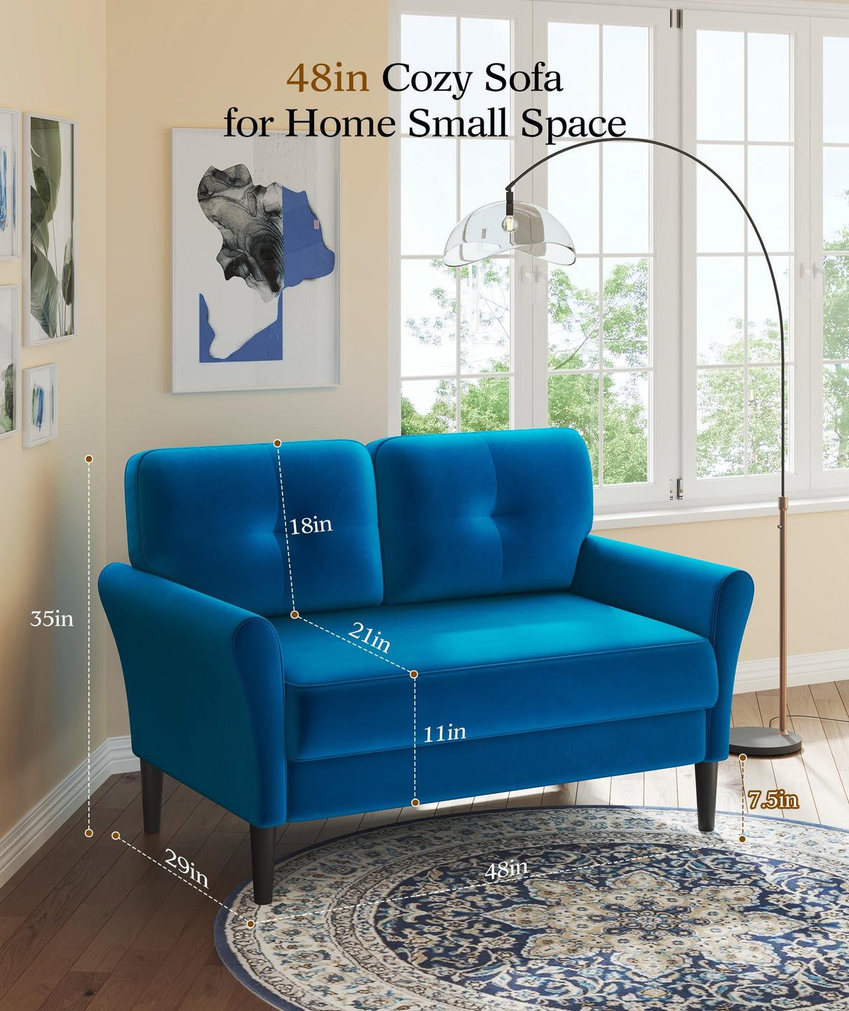 Kidirect 48" Loveseat Sofa, Small Couch for Bedroom, Comfy Love Seat with 21in Extra Deep Seats, 2 Seats Sofa Couch for Small Spaces, Apartment, Tool-Free Setup Mini Couch, Blue Velvet Couch Kidirect