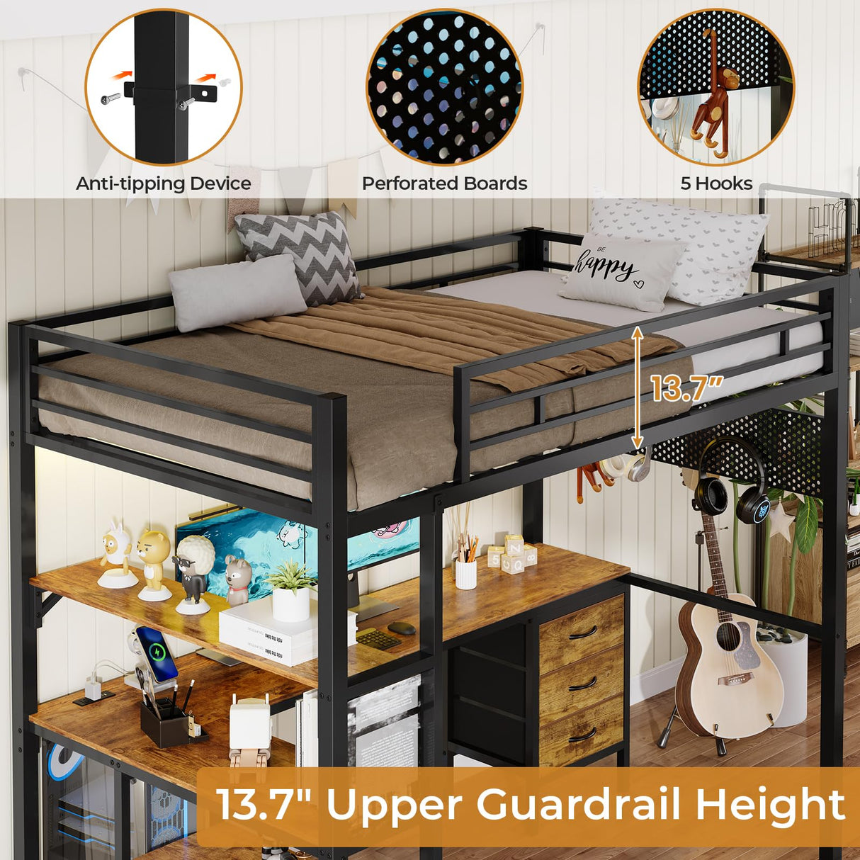 BTHFST Loft Bed Twin Size with L-Shape Desk & RGB LED Lights & Charging Station, Twin Bunk Bed with Fabric Drawers & Shlves, 13.4'' H Safety Guardrail, Noise Free, No Box Spring Needed BTHFST