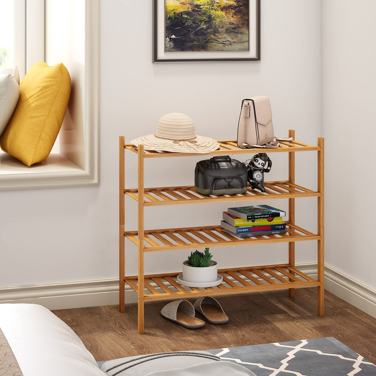 BMOSU 4-Tier Bamboo Shoe Rack Premium Stackable Shoe Shelf Storage Organizer for Hallway Closet Living Room Entryway Organizer (Natural Bamboo) BMOSU