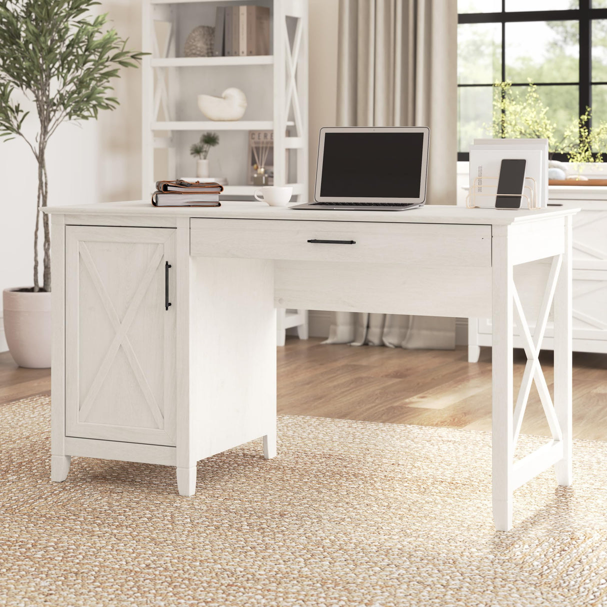 Bush Furniture Key West Computer Desk with Storage | Farmhouse PC Table for Home Office in Linen White Oak | 54W x 24D Bush Business Furniture
