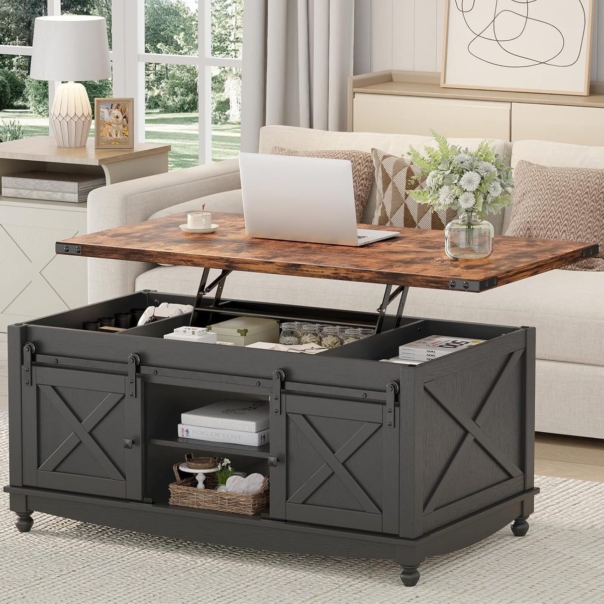 ALLSTAND 48" Farmhouse Lift Top Coffee Table with Storage Sliding Barn Door & Large Hidden Compartment, Coffee Table with Lifting Top with Wooden Lift Tabletop, Coffee Tables for Living Room, Black ALLSTAND