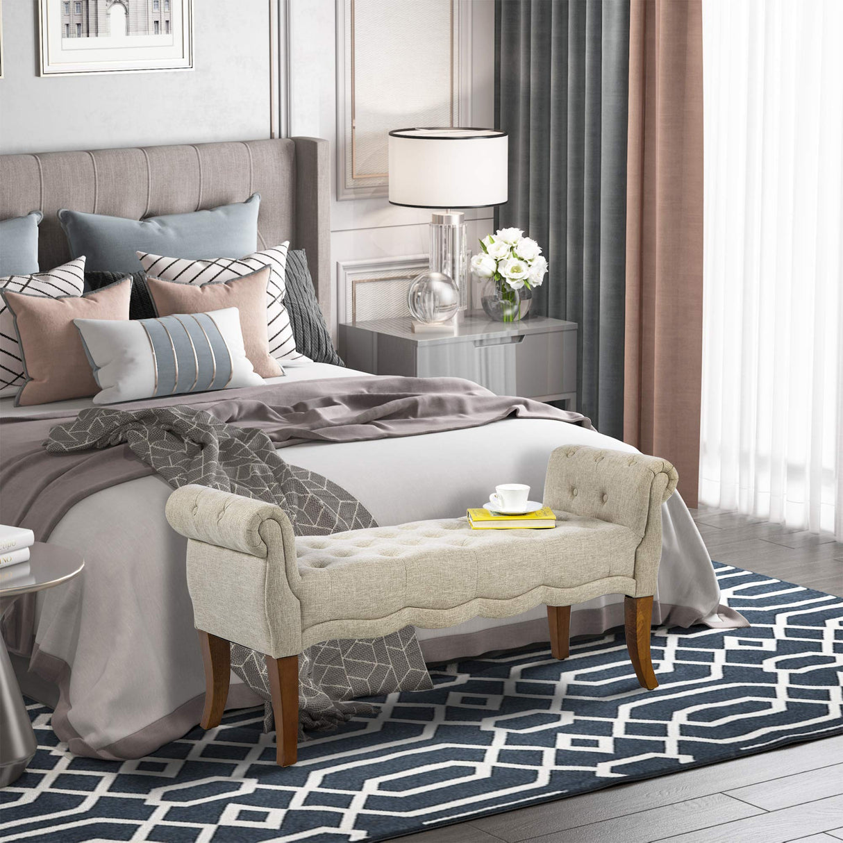 HOMCOM Traditional Style End of Bed Bench, Upholstered Entryway Bench with Button Tufted and Rounded Arm, Beige HOMCOM