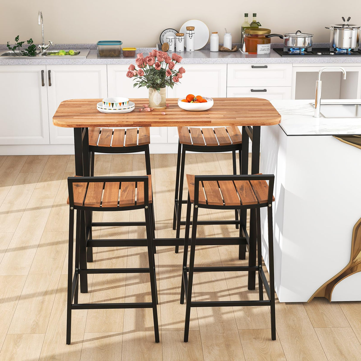 HAPPYGRILL 5-Piece Acacia Wood Outdoor Bar Set with Metal Frame & Footrest HAPPYGRILL