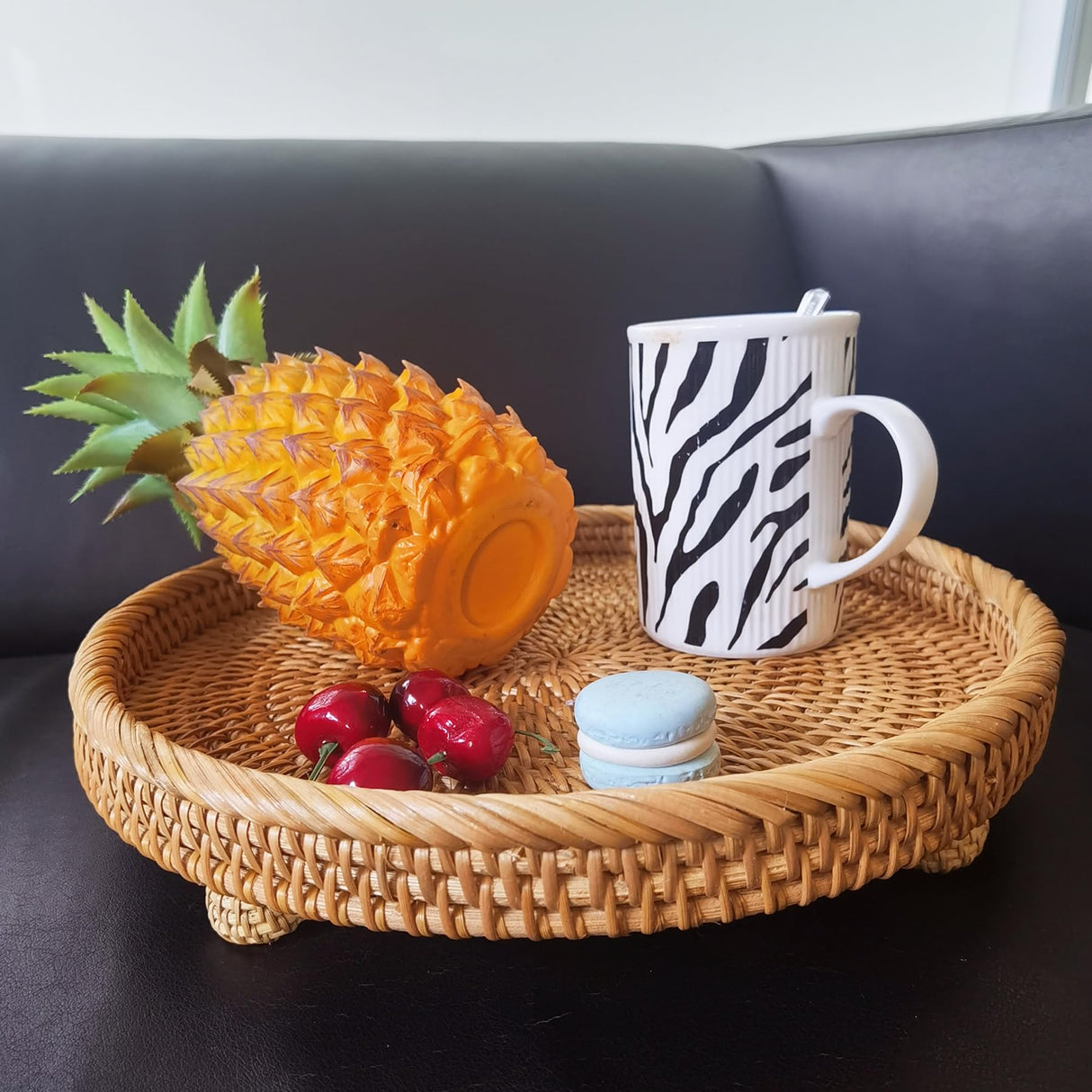i-lan 12.5 Inch Round Rattan Serving Basket-Round Woven Bread, Fruit, Keys Bowl Pedestal Stand with 1”Side, Flat Wicker Decorative Snack Basket Trays for Candy Dish, Rustic Platter, Display Riser i-lan