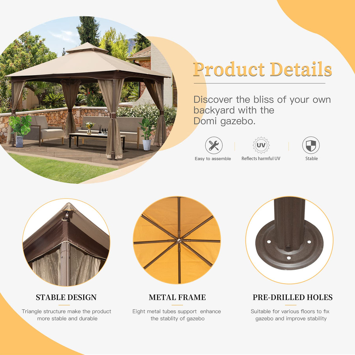 Domi 10'x13' Gazebo, Outdoor Gazebo with Mosquito Netting, Metal Frame Double Roof Soft Top Patio Gazebo Canopy Tent for Deck Backyard Garden Lawns Khaki domi outdoor living