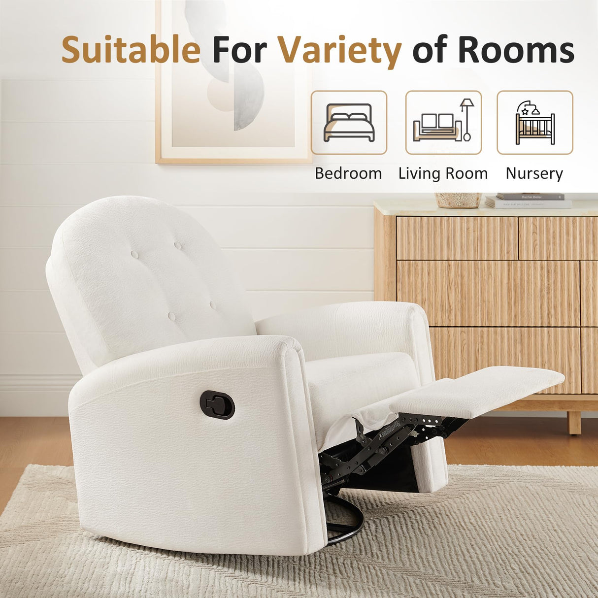 VANOMi 360 Swivel Rocker Recliner Chair, Nursery Rocking Chair with Tufted Backrest, Manual Recliner Chairs for Small Spaces, Upholstered Glider Nursing Chair for Living Room, Bedroom (White) VANOMi