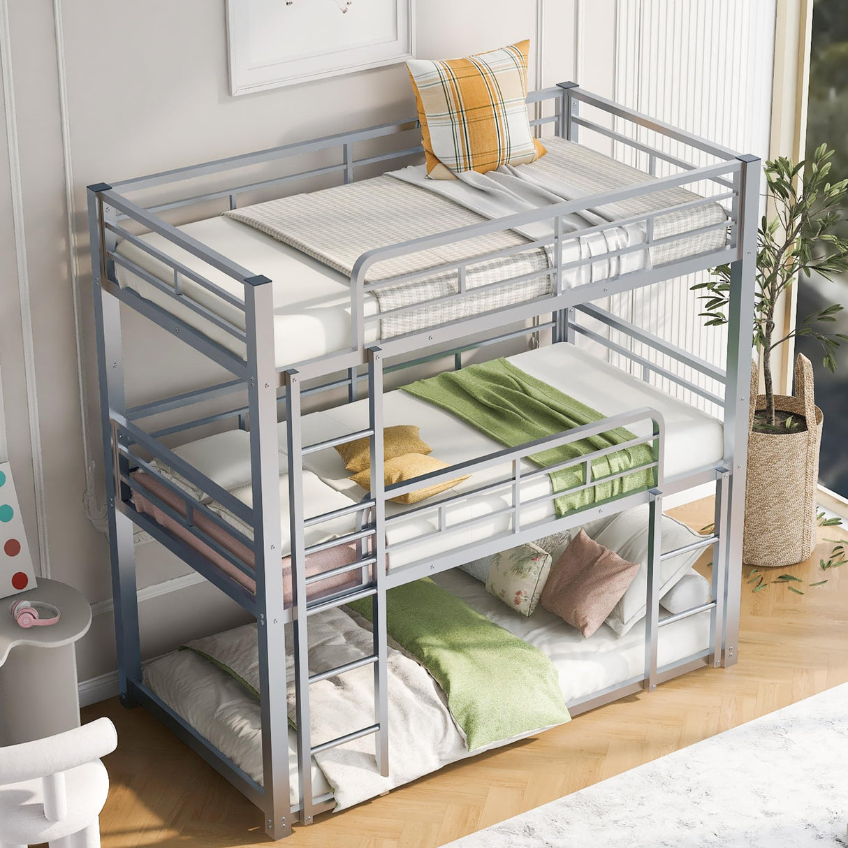 Bunk Beds, Metal Bunk Bed, Triple Bunk Bed for Kids,Teens, Adults, Girls, Boys, Detachable BunkBed Can Be Divided into 3 Twin Beds,No Box Spring Need (Silver) Anwick