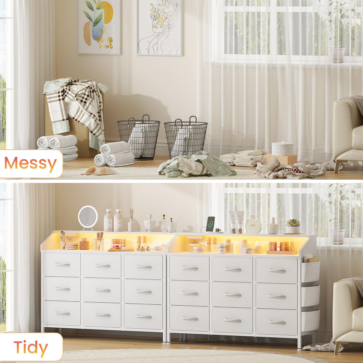 Lulive White Dresser for Bedroom 9 Drawers - Fabric Dressers for Bedroom with LED Light & Charging Station - Kids Adults Chest of Drawers for Living Room Hallway Closet Nursery (White) Lulive