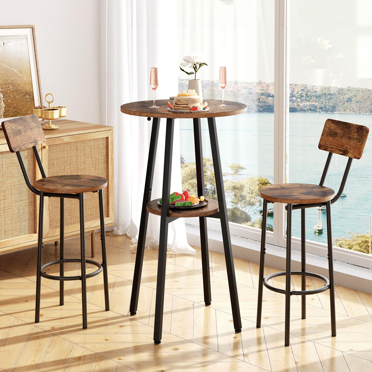 HOOBRO 3 Pieces Round Bar Height Table and Chairs Set, Round Dining Table Set, Pub Table and Chairs for Small Space, 2 Tier Kitchen Table and Bar Stools with Back, Rustic Brown BF35BT01 HOOBRO