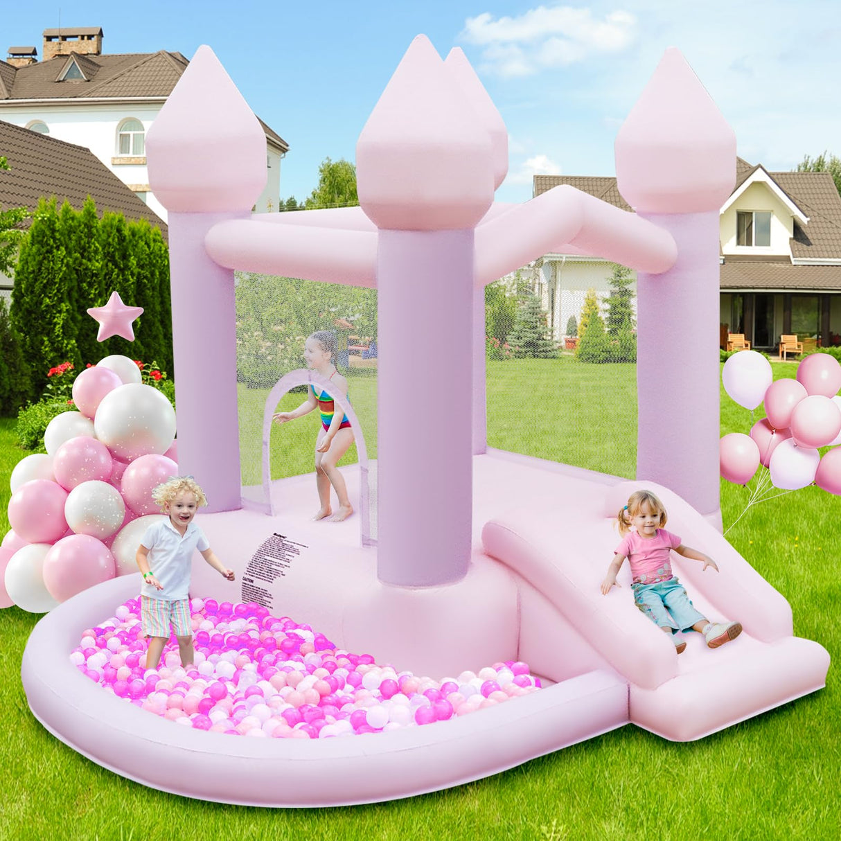 FBSPORT White Bounce House, Inflatable Bouncer with Air Blower,Indoor & Outdoor Bouncy Castle with Big Ball Pit for Wedding Party Kids Birthday Party, Easy to Install FBSPORT