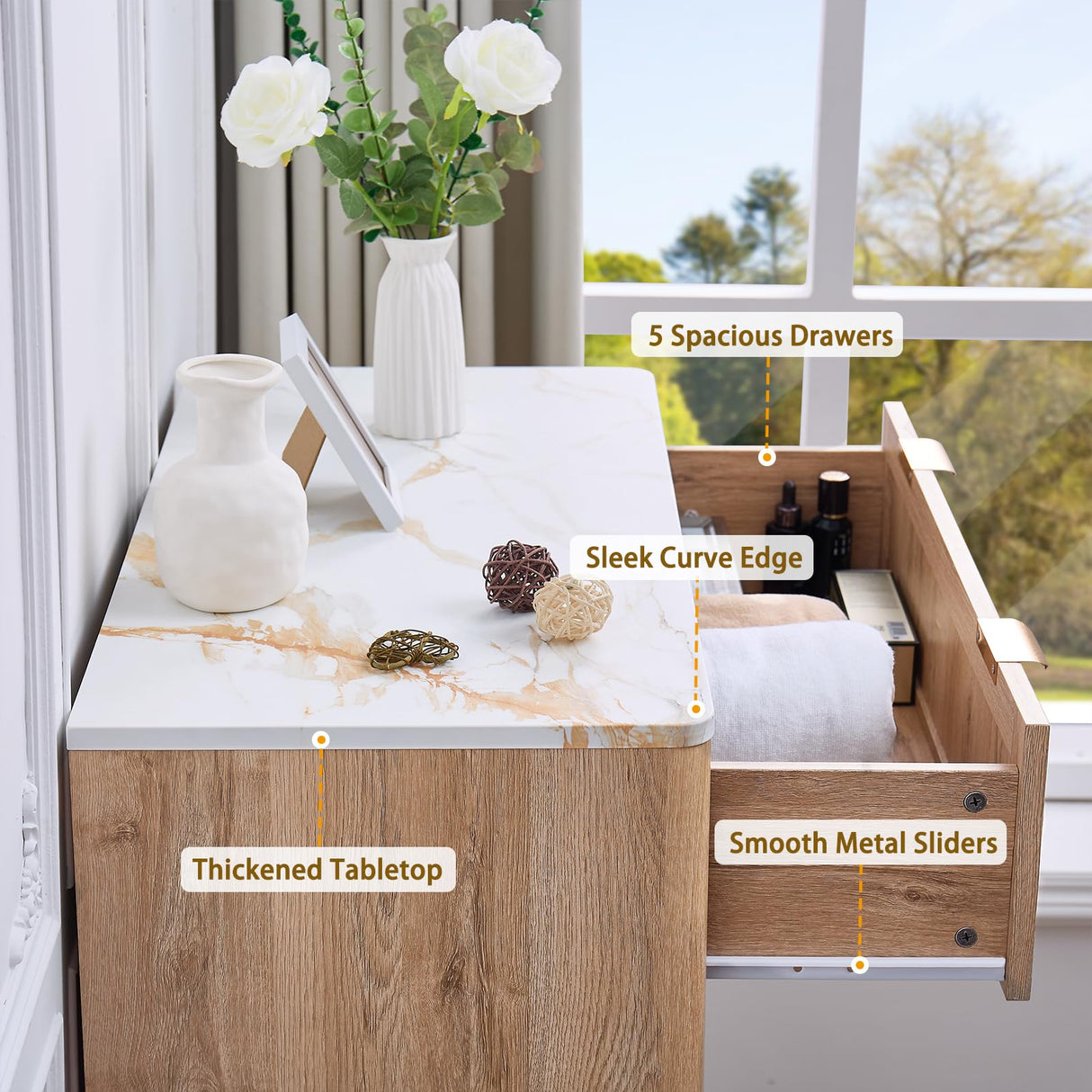 GIAJORYA Fluted Tall Dresser for Bedroom, 5 Drawer Dressers with Faux Marble Top, Wooden Chest of Drawers, Modern Storage Cabinet Organizer, Natural Oak GIAJORYA