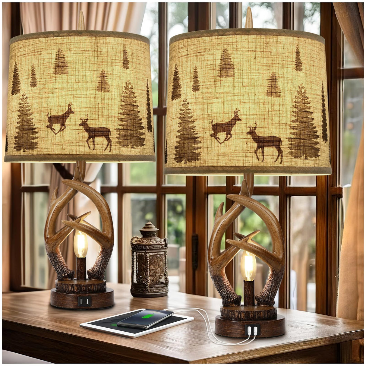 Scenekoy Rustic Farmhouse Antlers Table Lamp Set of 2 with Nightlight Dual USB Ports Linen Fabric Round Shade Bedside Lamp Decor for Living Room Bedroom Office House Scenekoy
