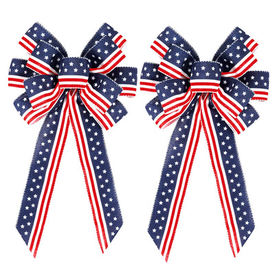2 Pack 4th of July Decor Bow for Wreath,Red White Blue Stripe Stars Tree Topper Bows for Patriotic,Independence Day,Memorial Day,Veteran's Day,Front Door Indoor Outdoor Decorations