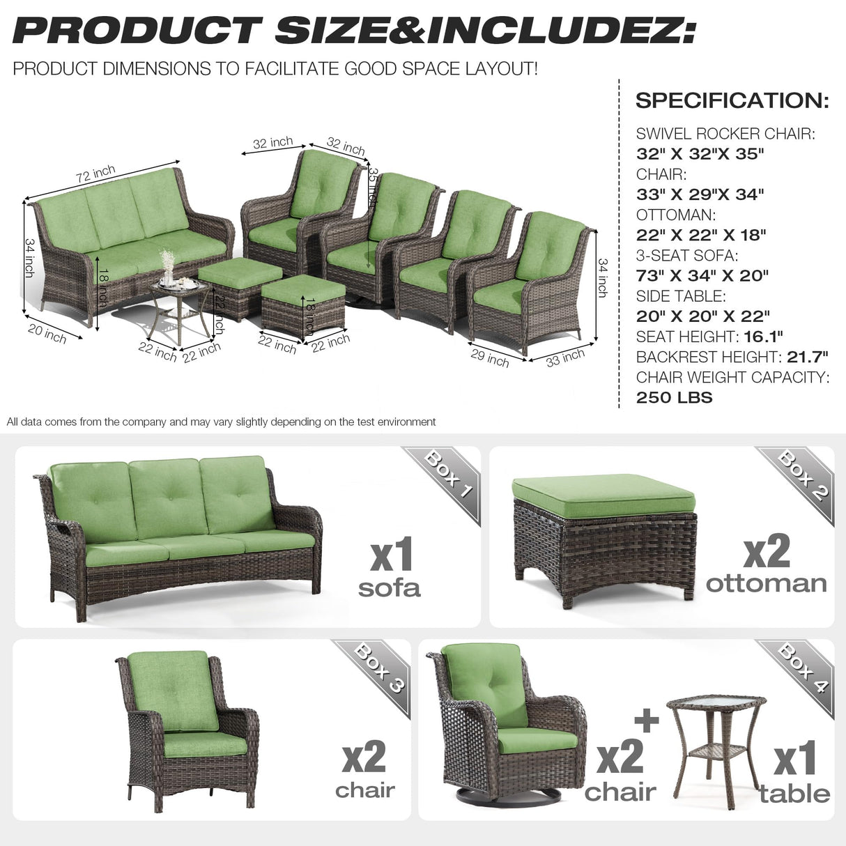 Joyside Wicker Patio Furniture Sets 8 Piece Set with 3-Seat Sofa, 2 Swivel Rocking Armchairs, 2 Armchairs, 2 Ottoman and 1 Side Table Wicker Outdoor Conversation Set(Brown Mixed Gray/Green) Joyside