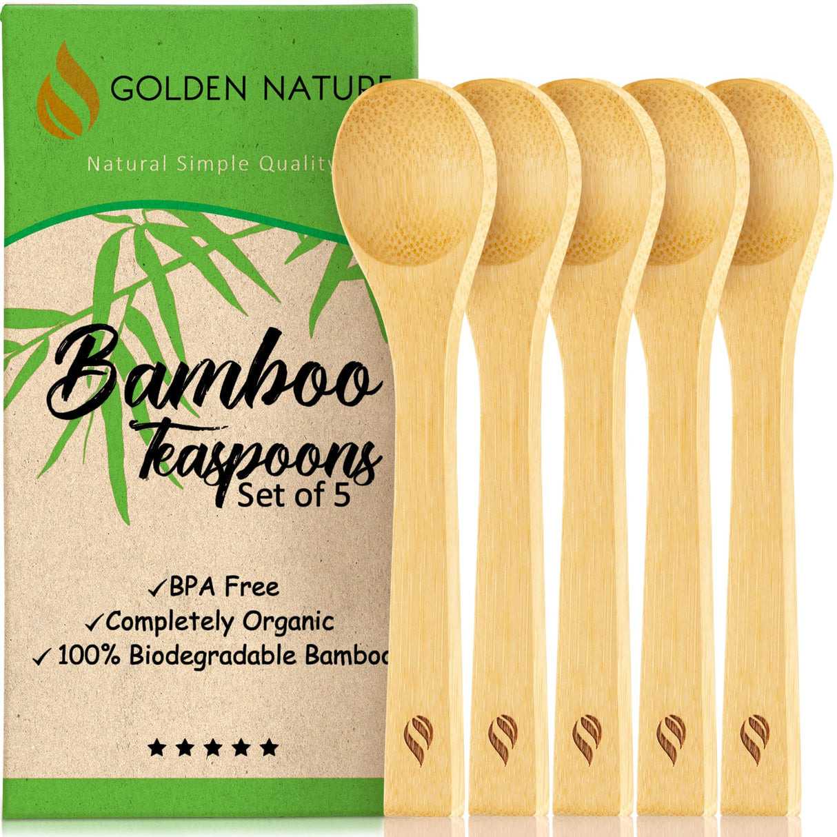 Golden Nature Bamboo Spoon Set (5 Pc), Small Kitchen Teaspoons, Tiny Wooden Spoons Perfect for Sugar, Spices, Seasoning, Coffee, Jam, Herbs, Honey & Dessert Golden Nature
