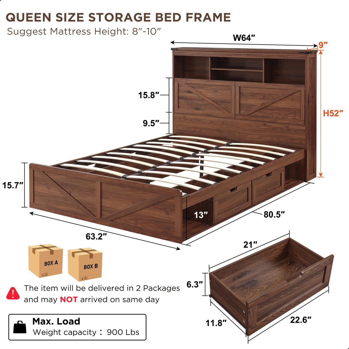 ACCOHOHO Farmhouse Queen Size Bed Frame with 52" Storage Headboard, 4 Drawers, LED Light & Charging Station - Brown ACCOHOHO