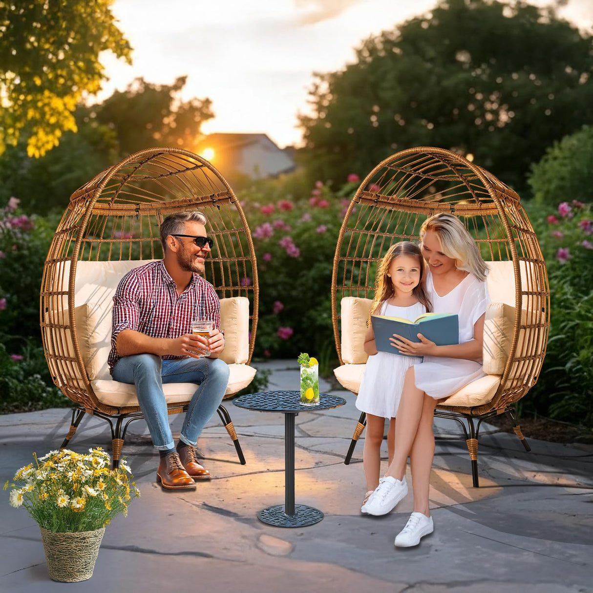Maple99 Wicker Egg Chair Outdoor - Patio Chair, Rattan Chair, Wicker Chair PE Rattan Perfect for Backyard Lounger, & Balcony, Garden, Indoor, Steel Frame, Ivory, Maple99