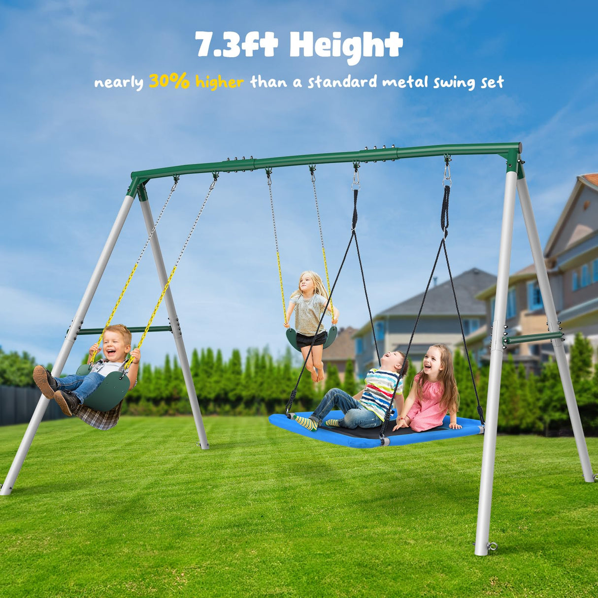 Hapfan 7.3ft Tall Heavy Duty Swing Set, 3 Swings Metal Swing Sets for Backyard, Big Kids Playset for Playground Outdoor Hapfan