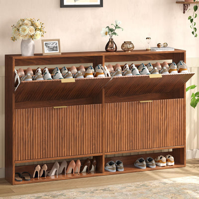 Hootata 47.2''W Walnut Shoe Storage Cabinet for Entryway with 4 Flip Drawers, Fluted Slim Shoe Cabinet, Free Standing Wooden Shoes Organizer for Foyer, Hallway